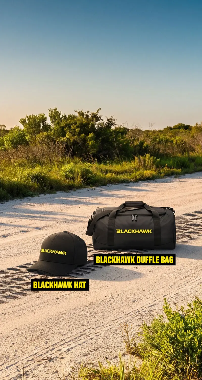 Blackhawk prize display featuring a branded baseball cap and duffle bag on a sandy off-road trail.