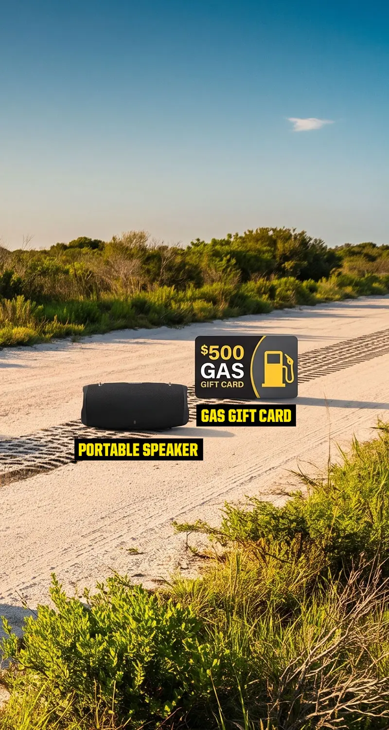 Prize display featuring a portable speaker and a $500 gas gift card on a sandy off-road trail.